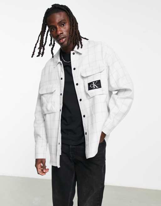 Calvin Klein Jeans badge logo shadow check overshirt in light grey