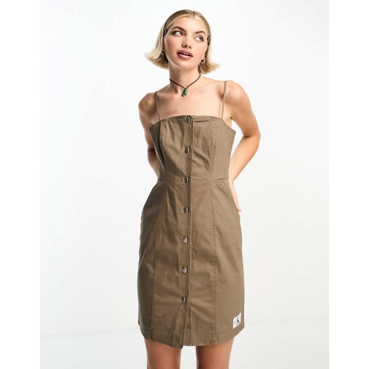 Calvin Klein Jeans badge logo strappy button down workwear dress in camel