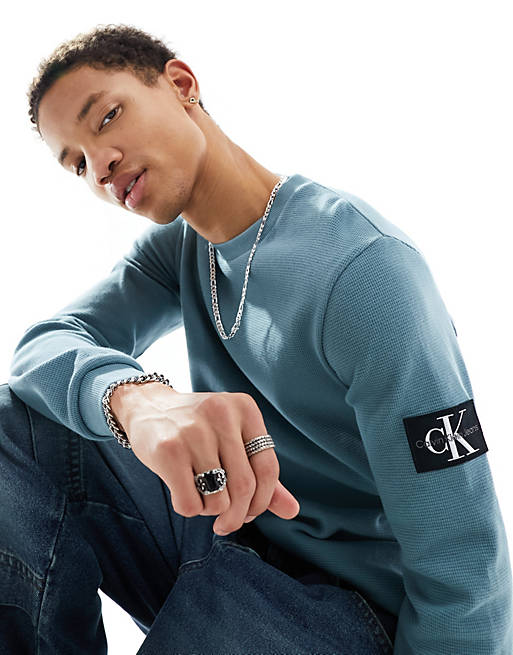 Calvin Klein Jeans badge logo waffle long sleeve t-shirt in blue | ASOS