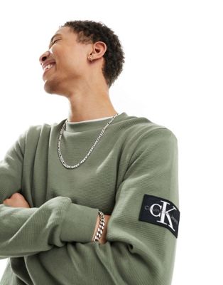 Calvin Klein Jeans badge logo waffle long sleeve t-shirt in olive