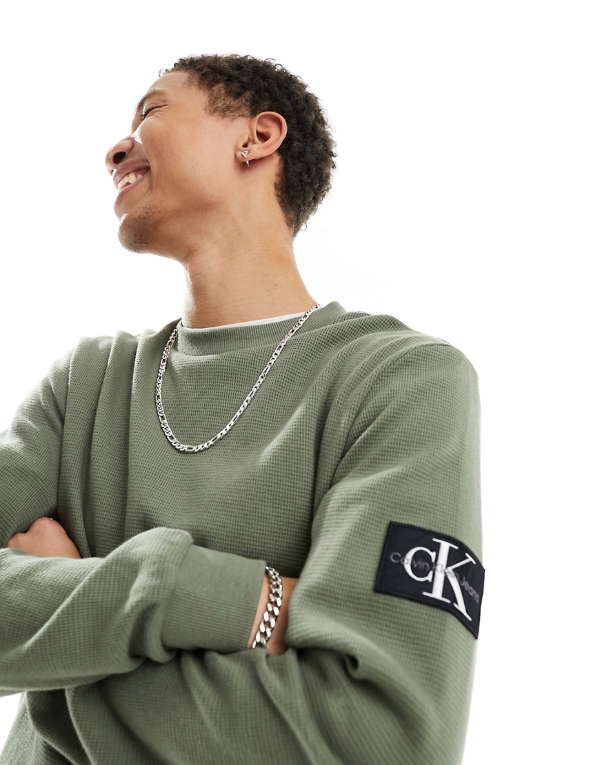 Calvin Klein Jeans badge logo waffle long sleeve t-shirt in olive-Green
