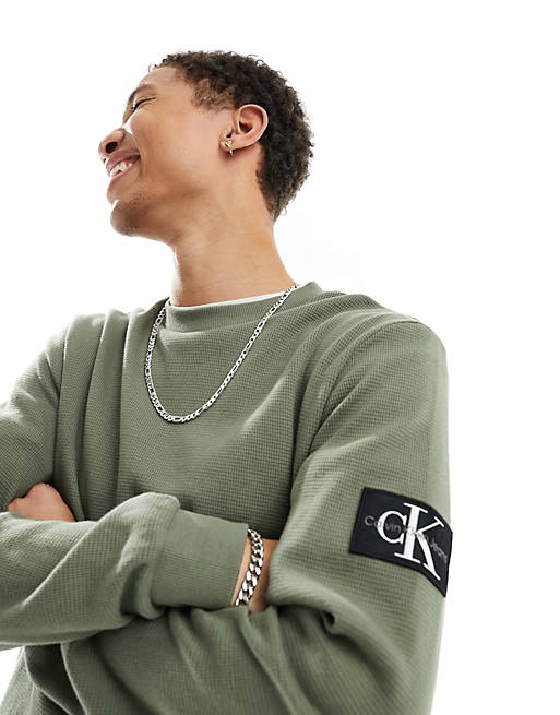 Calvin Klein Jeans badge logo waffle long sleeve t-shirt in olive | ASOS
