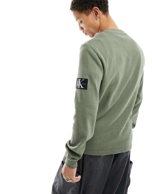 Calvin Klein Jeans badge logo waffle long sleeve t-shirt in olive | ASOS