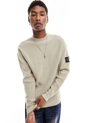 Calvin Klein Jeans badge relaxed jumper in taupe
