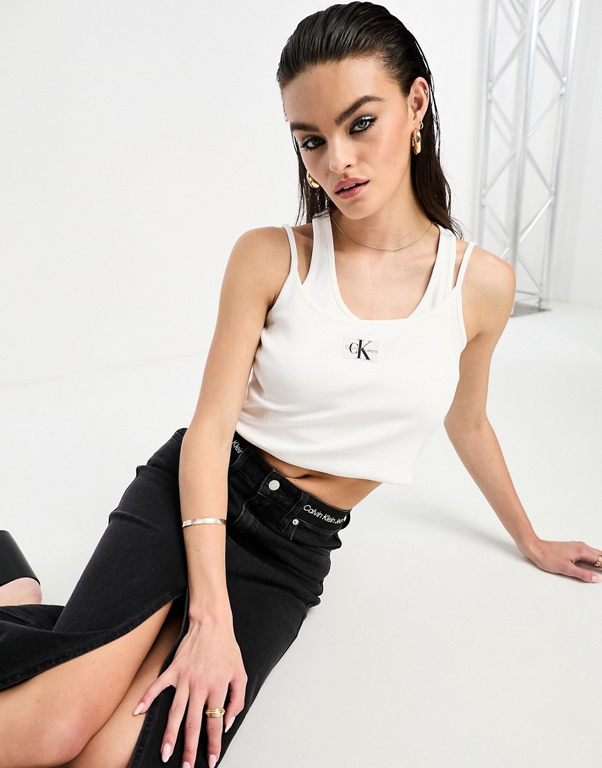 Calvin Klein Jeans badge rib double layer tank top in white