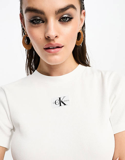 Calvin Klein Jeans badge rib short sleeve t-shirt in white | ASOS