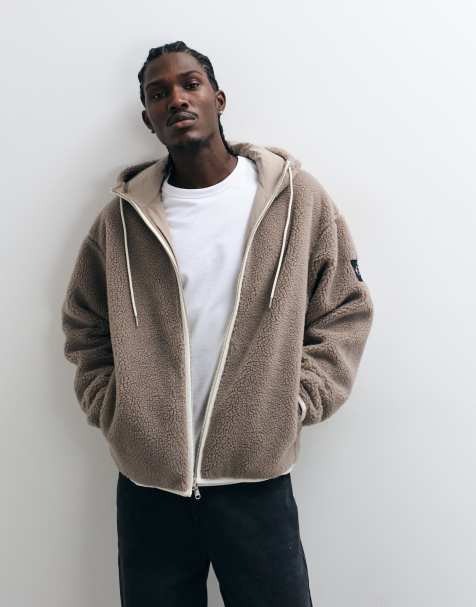Calvin Klein Jeans Badge sherpa funnel neck zip up hoodie in light brown - view 1