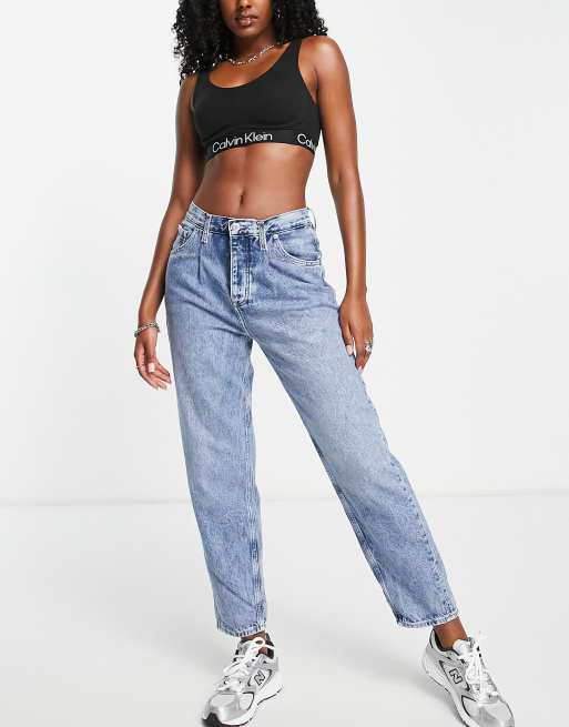 Calvin Klein Jeans high rise straight with rips in mid wash - ShopStyle