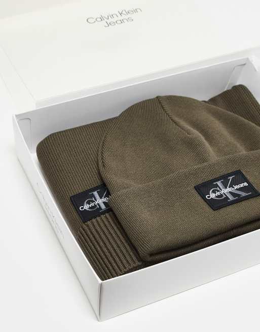 Calvin Klein Jeans beanie scarf gift set in brown ASOS