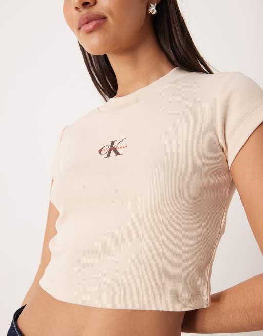 Calvin Klein Jeans - Beige baby-T-shirt med monogramlogo  , 2 af 4