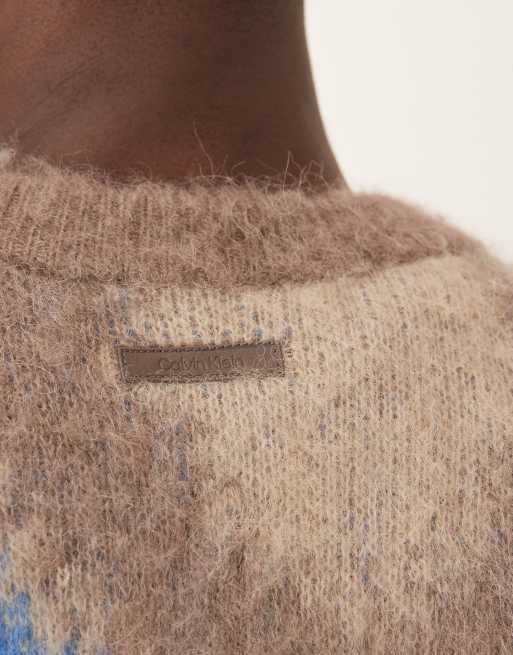 Calvin Klein Jeans – Beige, blåmönstrad tröja i borstad alpackaull, 5 av 5