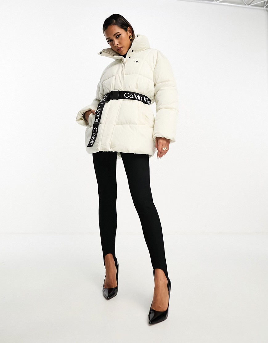 Calvin Klein Jeans belted long puffer jacket in white