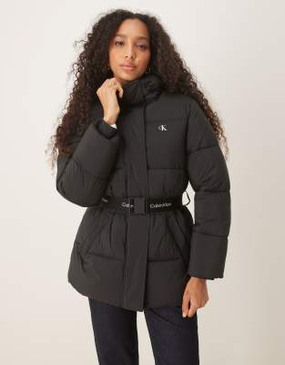 Calvin Klein Jeans Est.1978 Belted Mid Length Puffer Jacket In Black