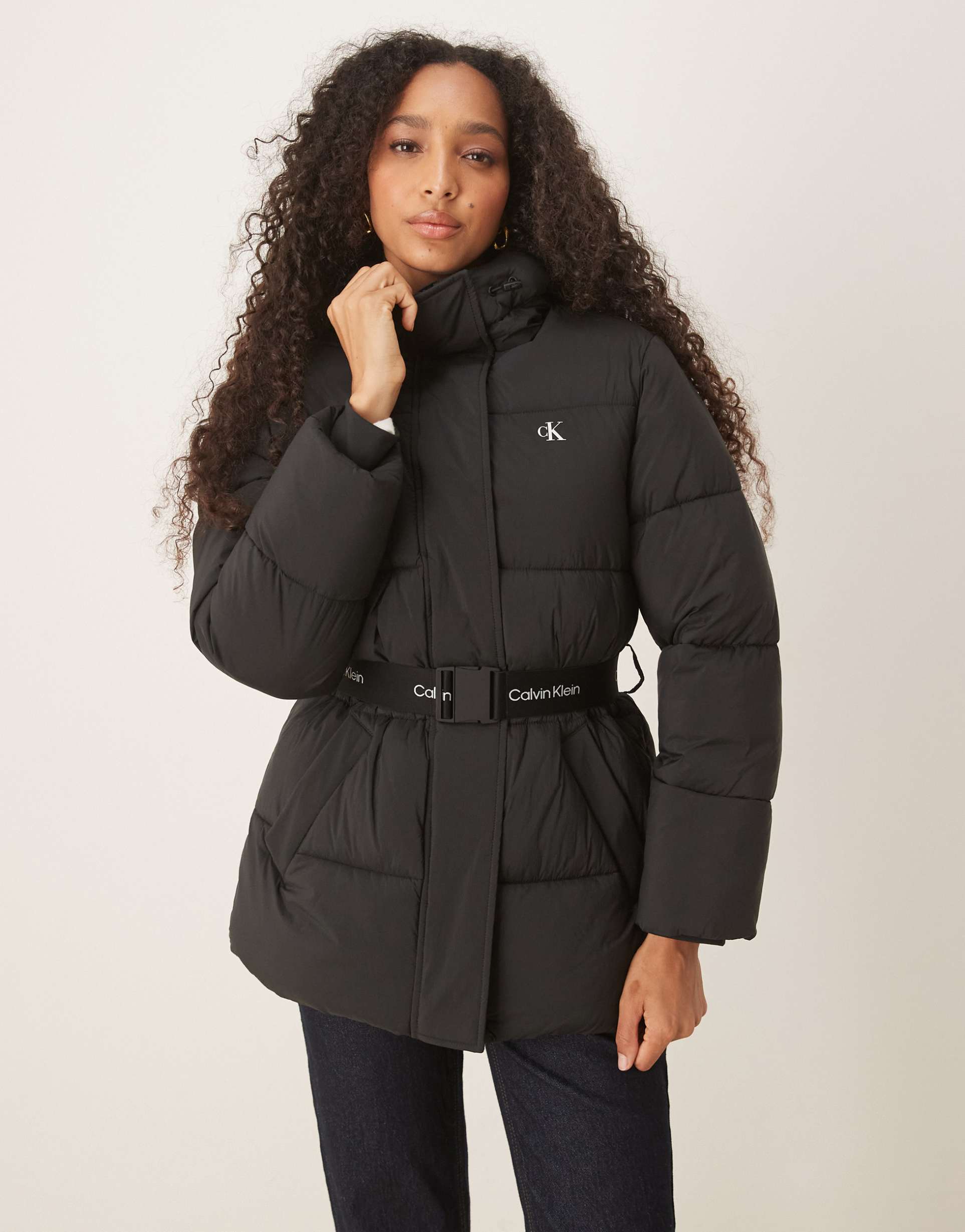 calvin klein jeans belted mid length puffer jacket in black