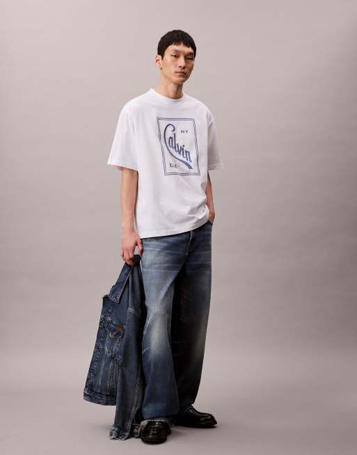 Calvin Klein Jeans – Biało-niebieski T-shirt z grafiką w ramce, 5 z 5