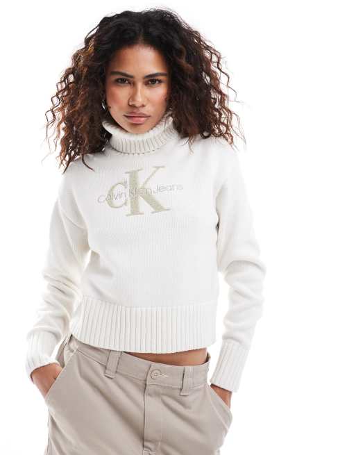 Calvin Klein Jeans – Biały szenilowy sweter z monogramem z logo, 2 z 4