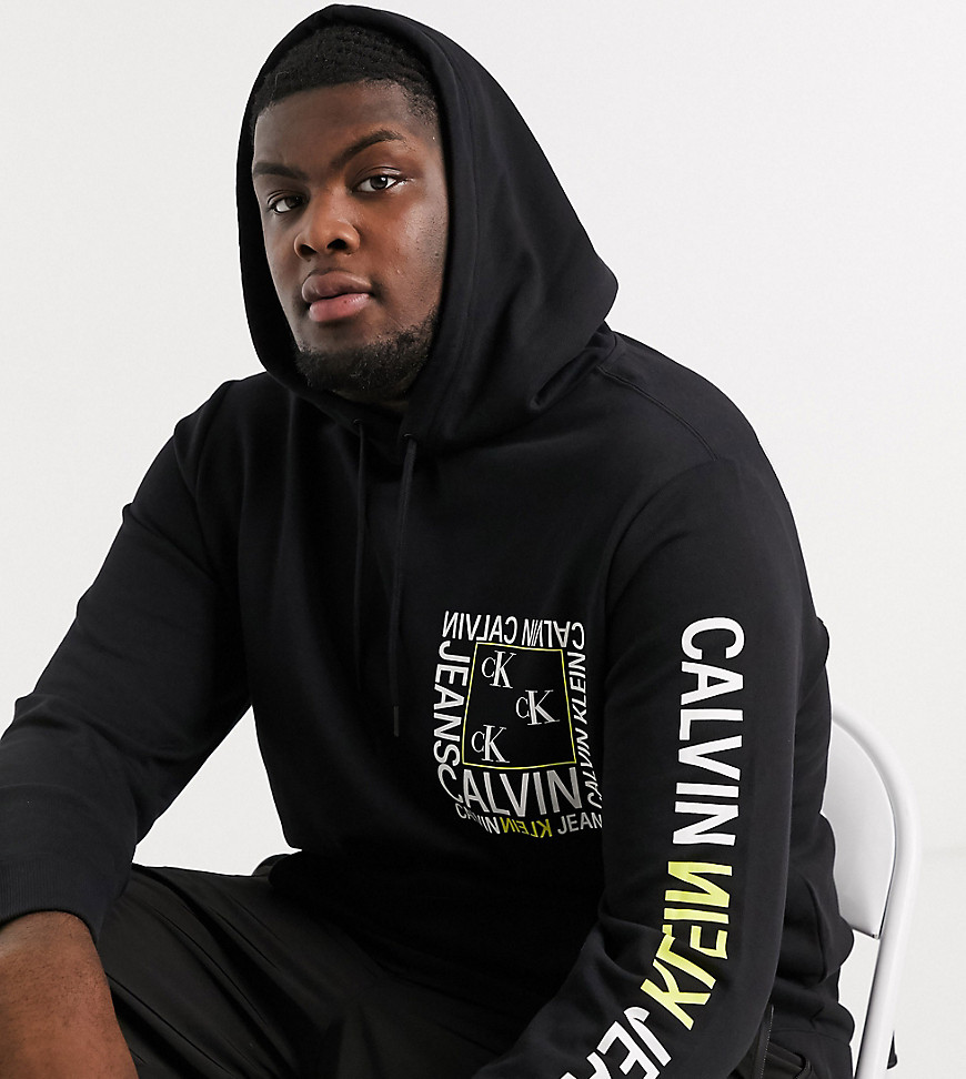 Calvin Klein Jeans Big and Tall rave pack flyer back print hoodie in black