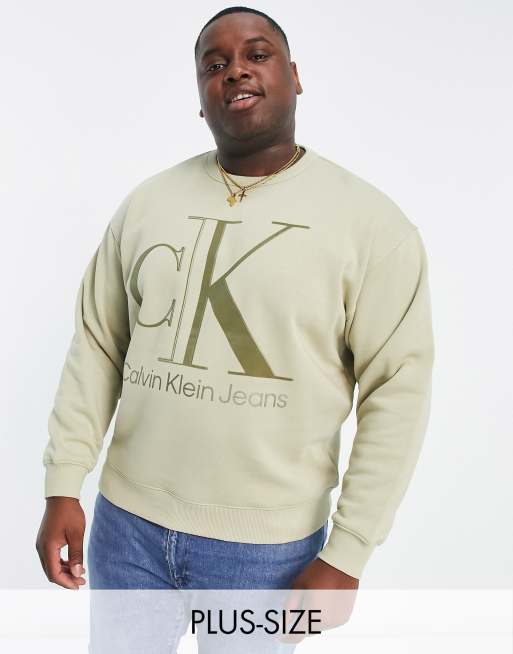 Calvin Klein Jeans Big & Tall - Felpa color pietra con logo istituzionale lucido