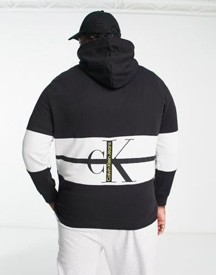 Calvin Klein Jeans Big & Tall logo stripe sleeve colourblock hoodie in black