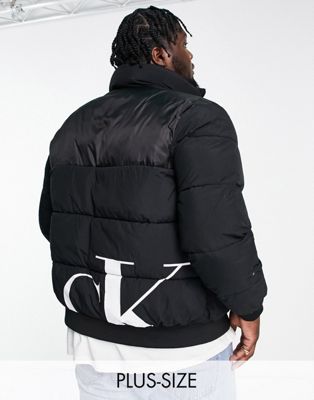 Calvin Klein Jeans Big & Tall mix media logo puffer jacket in black - ASOS Price Checker