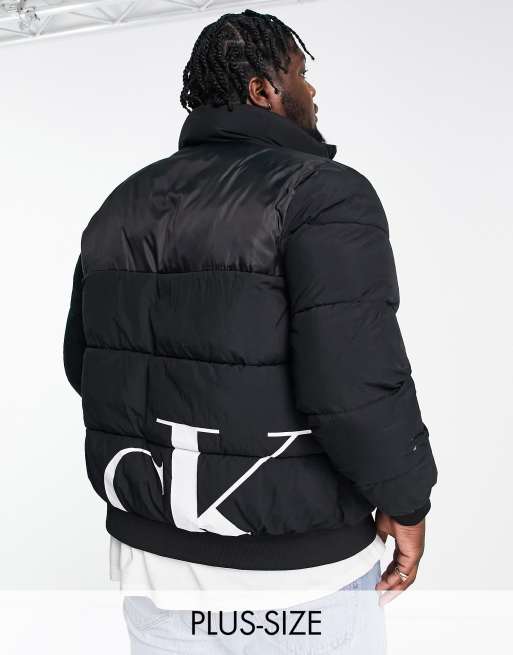 Calvin Klein Jeans Big & Tall mix media logo puffer jacket in black | ASOS