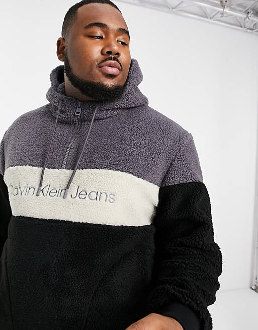Calvin Klein Jeans Big & Tall sherpa color block hoodie in black/gray | ASOS