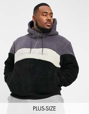 Calvin Klein Jeans Big & Tall sherpa colour block hoodie in black/grey