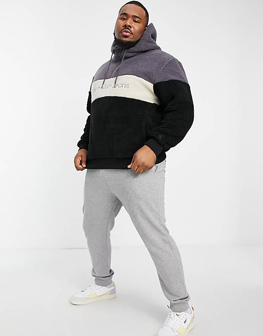 Calvin Klein Jeans Big & Tall sherpa colour block hoodie in black/grey |  ASOS