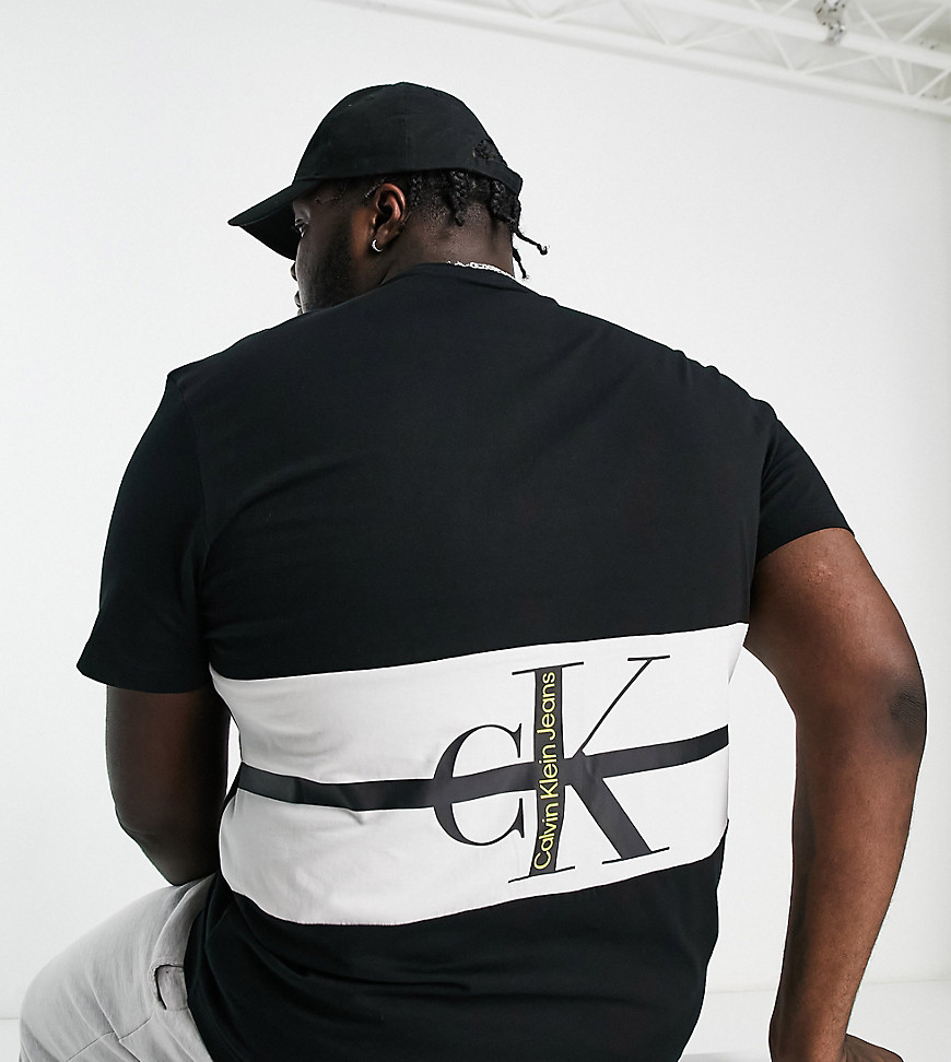 Calvin Klein Jeans Big & Tall stripe logo color block back print t-shirt in black