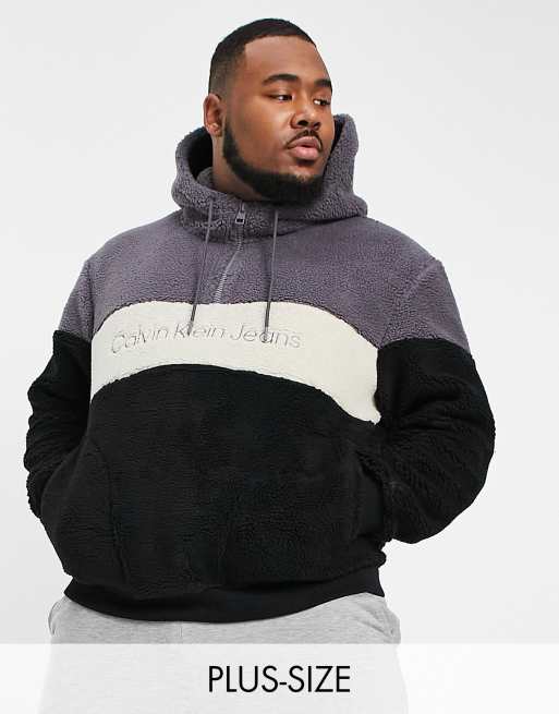 Calvin Klein Jeans Big & Tall - Sweat à capuche color block en sherpa - Noir/gris