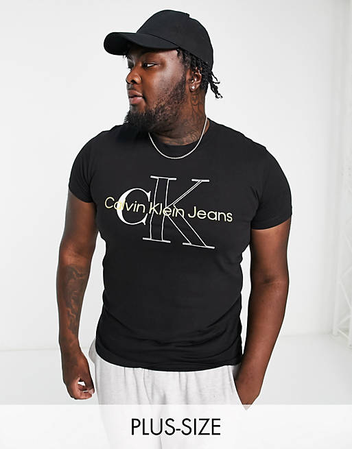 Calvin Klein Jeans Big & Tall two tone monogram logo boxy fit t-shirt in  black | ASOS