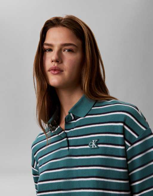 Calvin Klein Jeans - Blågrøn cropped polo i piqué med striber, 3 af 3