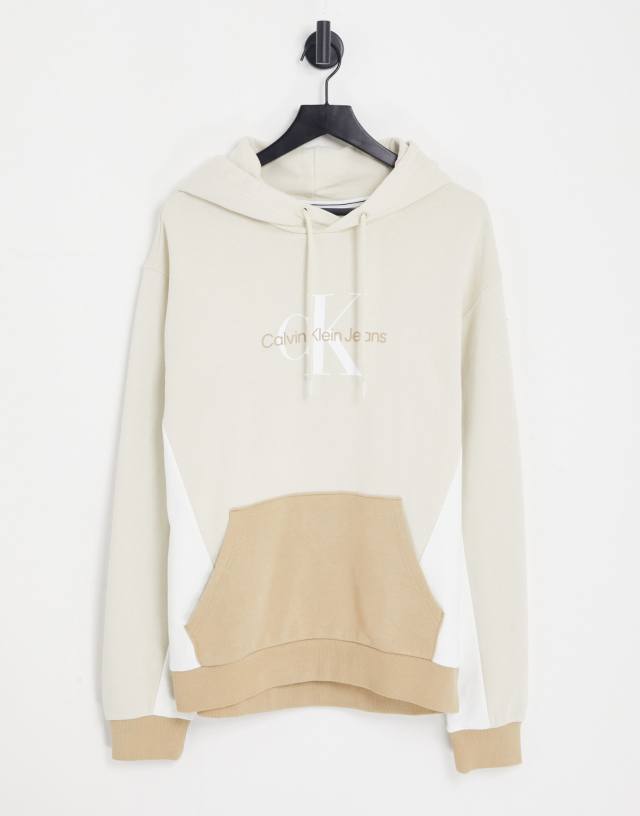 Calvin Klein Jeans blocking capsule cotton monogram hoodie in stone exclusive to ASOS