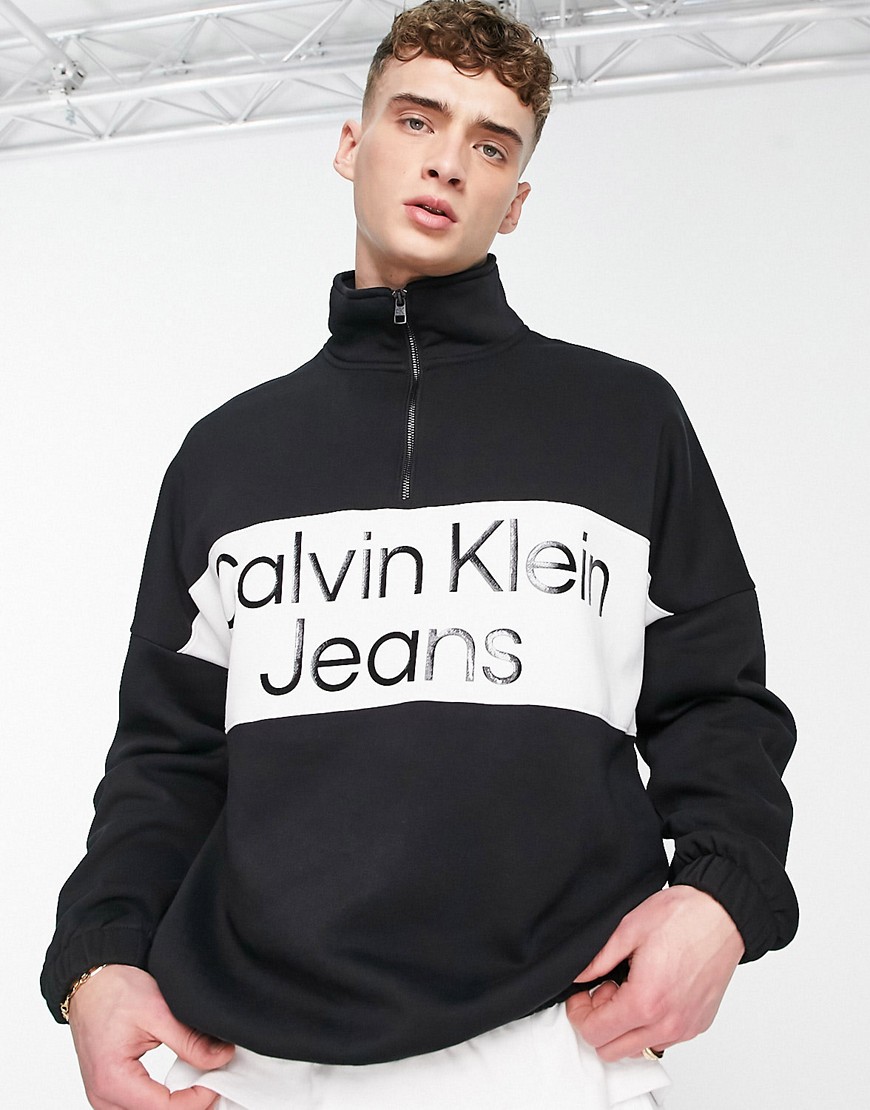 Calvin Klein Jeans bold logo colourblock relaxed fit half zip sweatshirt in black