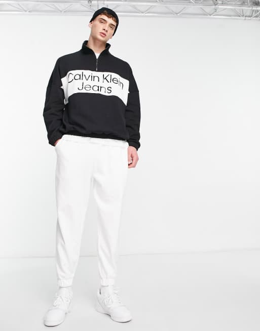 Calvin Klein Jeans bold logo colourblock relaxed fit half zip sweatshirt in  black