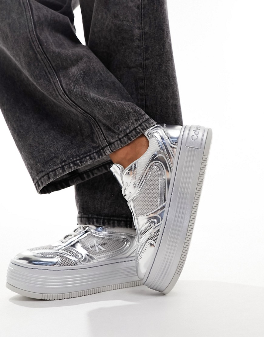 Calvin Klein Jeans bold platform mixed material trainers in silver