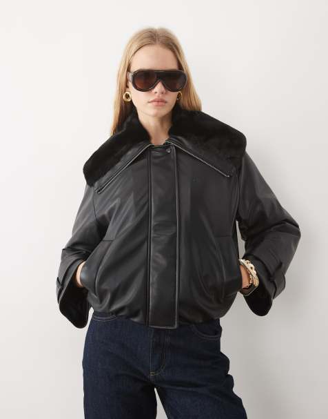 Calvin Klein Jeans bomber en imitation cuir avec détail de col en noir - view 1