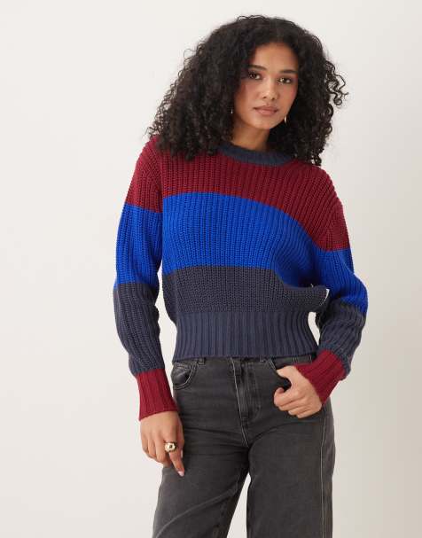 Calvin Klein Jeans - Bordeaux/marineblå blokfarvet striktrøje i chunky strik - view 1