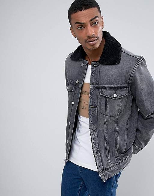 Calvin Klein Jeans borg collar denim jacket washed black | ASOS