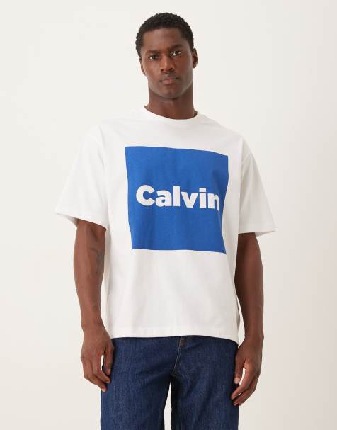 Calvin Klein Jeans box graphic t-shirt in white and blue - view 1