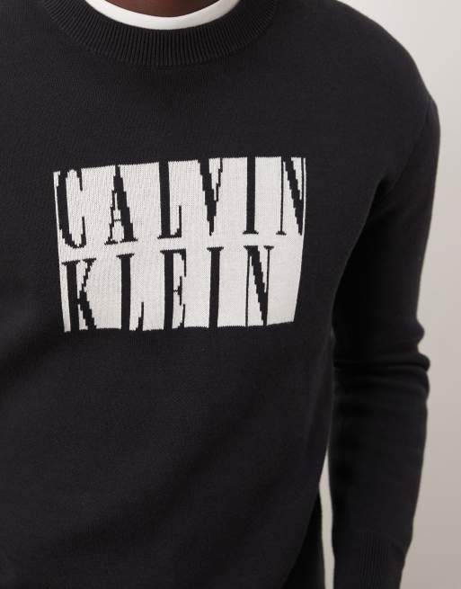 Calvin Klein Jeans box logo knit jumper in black, 3 of 4