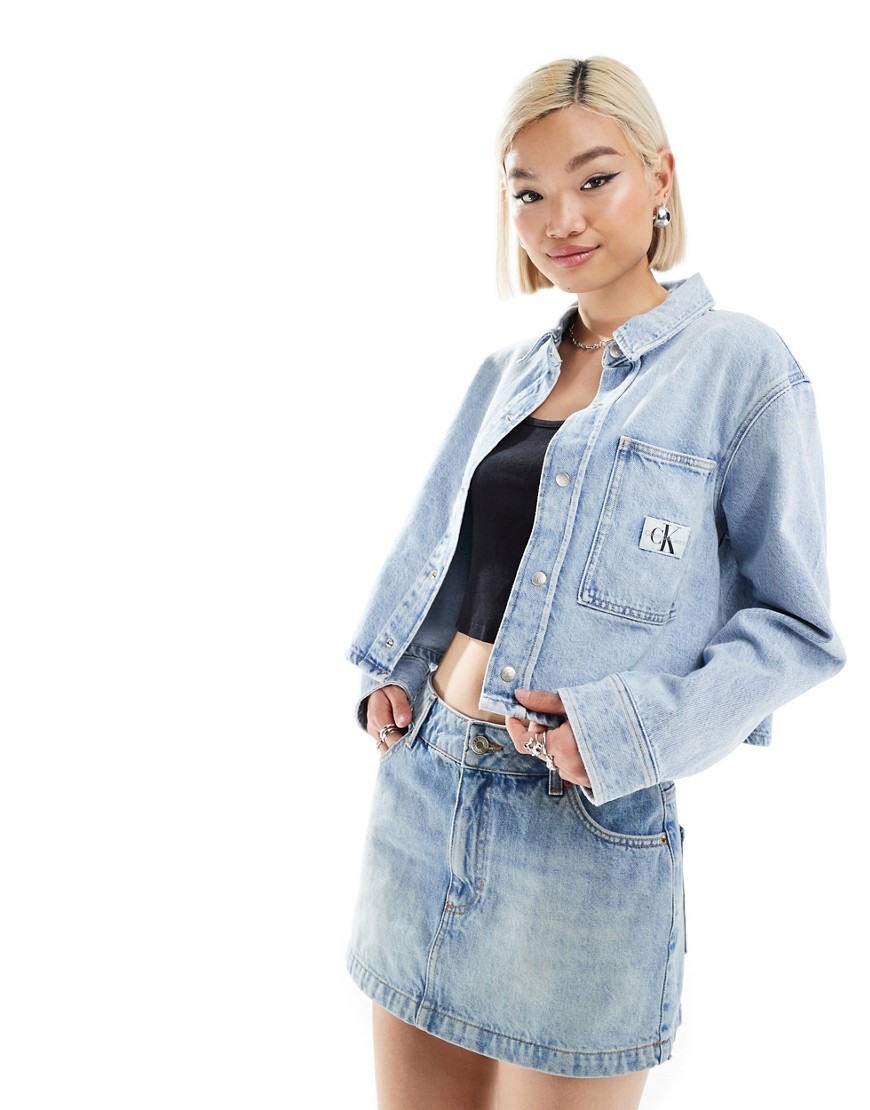 Calvin Klein Jeans boxy denim shirt jacket in light wash-Blue