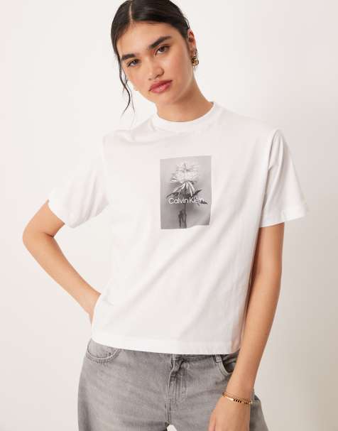 Calvin Klein Jeans boxy flower print t-shirt in white - view 1