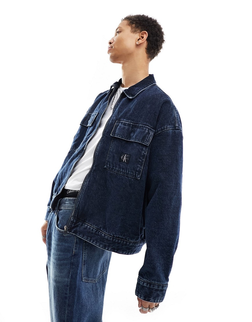 Calvin Klein Jeans boxy padded zip shacket in dark wash-Navy