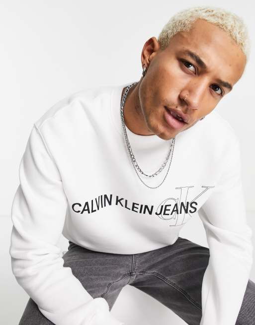 Gaan wandelen woede rijst Calvin Klein Jeans branded graphic logo sweatshirt in white | ASOS