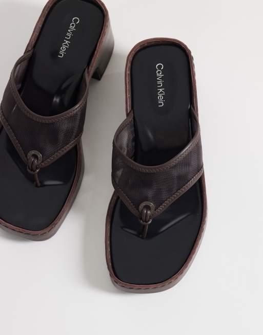 Calvin Klein Jeans - Brune sandaler i mesh med blokhæl i læder, 4 af 4