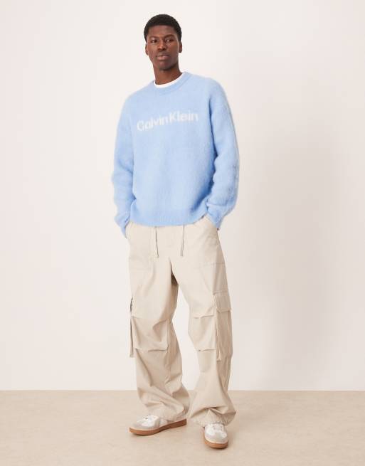 Calvin Klein Jeans brushed alpaca logo jumper in baby blue, 2 of 5