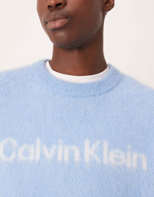 Calvin Klein Jeans brushed alpaca logo jumper in baby blue, 5 of 5