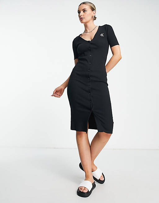 Calvin Klein Jeans button through rib maxi dress in black | ASOS