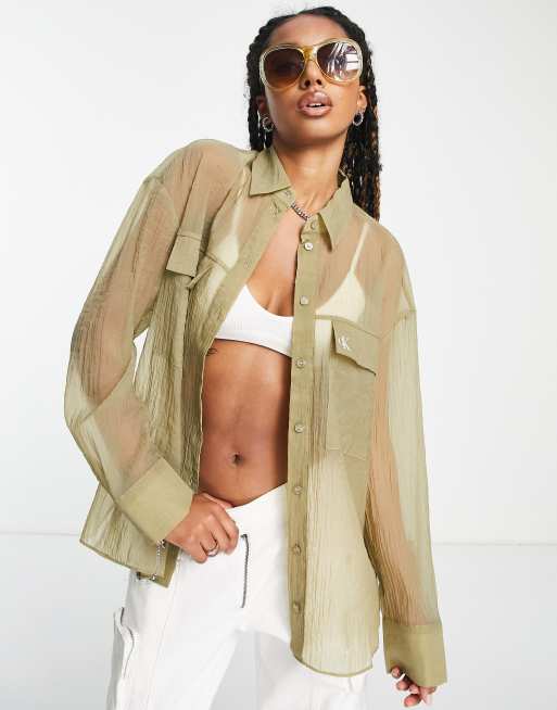 Calvin Klein Jeans - Camicia beige in chiffon trasparente